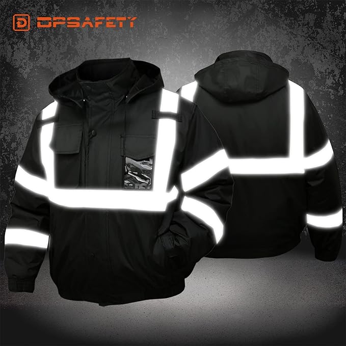 Safety jacket for men,Reflective high Visibility Hooded jacket,Hi-Vis Bomber Jacket with Pockets and Zipper,Waterproof,Black Bottom,ANSI/ISEA 107-2020 Type R Class 3,Black
