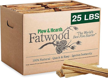Plow & Hearth 25 LBS Fatwood Fire Starter Sticks Organic Kindling, Easy Ignition Fat Wood, All Natural Firestarters for Fire Pit, Wood Stoves, Fireplaces, Campfires, Bonfires, BBQ