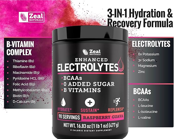 Zeal Electrolyte Powder - 90 Servings | Keto Electrolytes Powder | Zero Sugar, BCAAs, B-Vitamins | Potassium, Zinc, Magnesium | Hydration Powder Recovery Drink | Raspberry Guava