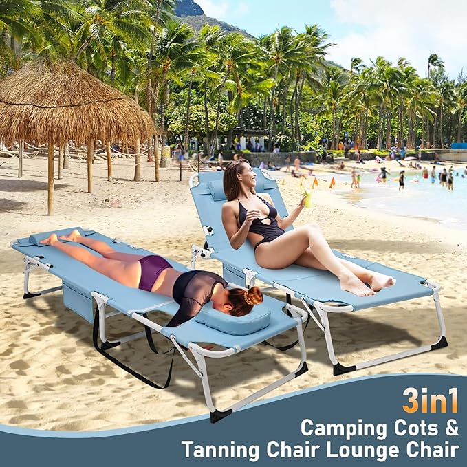 DoCred Heavy Duty Tanning Chair with Face Hole, Adjustable 5-Position Folding Chaise Lounge Chairs for Outside, Portable Lay Flat Beach Lounge Chair for Outdoor Sunbathing Beach Pool Lawn Camping