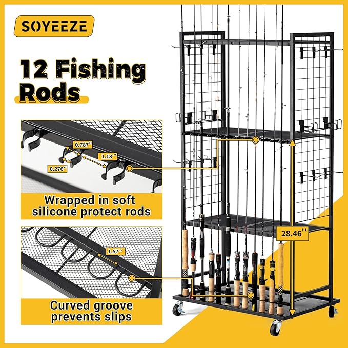 SOYEEZE Fishing Rod Holders for Garage, 4 Tier Adjustable Fishing Pole Holders Up to 12 Rods, Fishing Rod Rack with Lockable Wheels for Large Tackle Box Storage and Fishing Equipment Organization