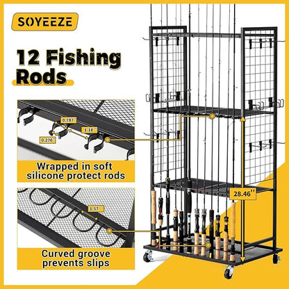 SOYEEZE Fishing Rod Holders for Garage, 4 Tier Adjustable Fishing Pole Holders Up to 12 Rods, Fishing Rod Rack with Lockable Wheels for Large Tackle Box Storage and Fishing Equipment Organization