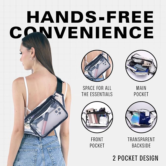 Clear Fanny Pack Belt Bag – Stadium Approved Waist Pack for Men & Women, Crossbody Bum Bag for Travel, Hiking, Running