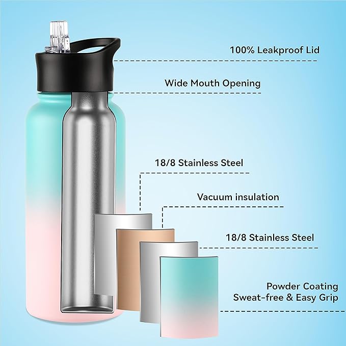 VEGOND 32 oz Insulated Water Bottle Bulk Stainless Steel Metal Water Bottles with Leak Proof Straw Lid & Spout Lid, Wide Mouth Double Walled Vacuum Travel Sports Bottle, 4 Pack