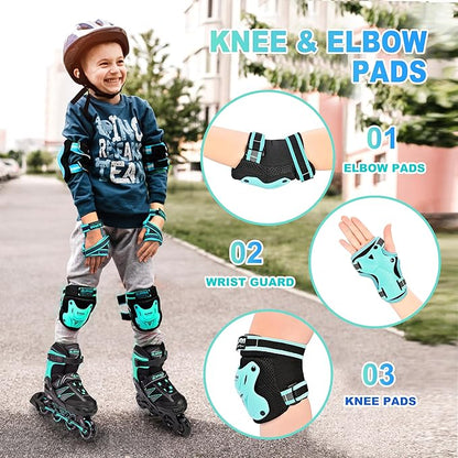 2PM SPORTS Knee Pads for Kids, Wrist Guards Knee and Elbow Pads Set with Drawstring Bag, Protective Gear Set for Girls Boys Roller Skating Cycling Skateboard