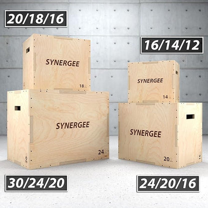 Synergee 3 in 1 Wood Plyometric Box for Jump Training and Conditioning. All in One Jump Trainer. Sizes 30/24/20, 24/20/16, 20/18/16, 16/14/12