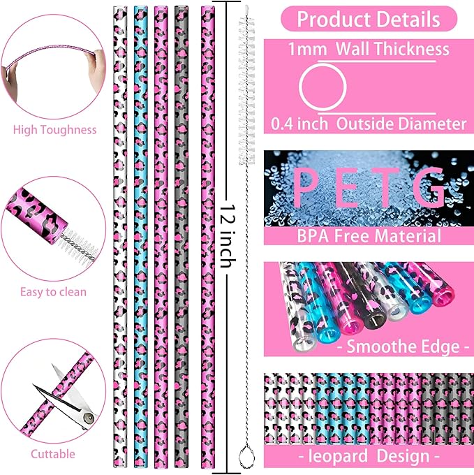 Replacement Leopard Thick Straws for Stanley|Owala|Simple Modern 40oz 30oz Tumbler-16 PCS | Reusable Plastic Cheetah Animal Drinking Straws for Stanley Adventure Quencher Travel Tumbler