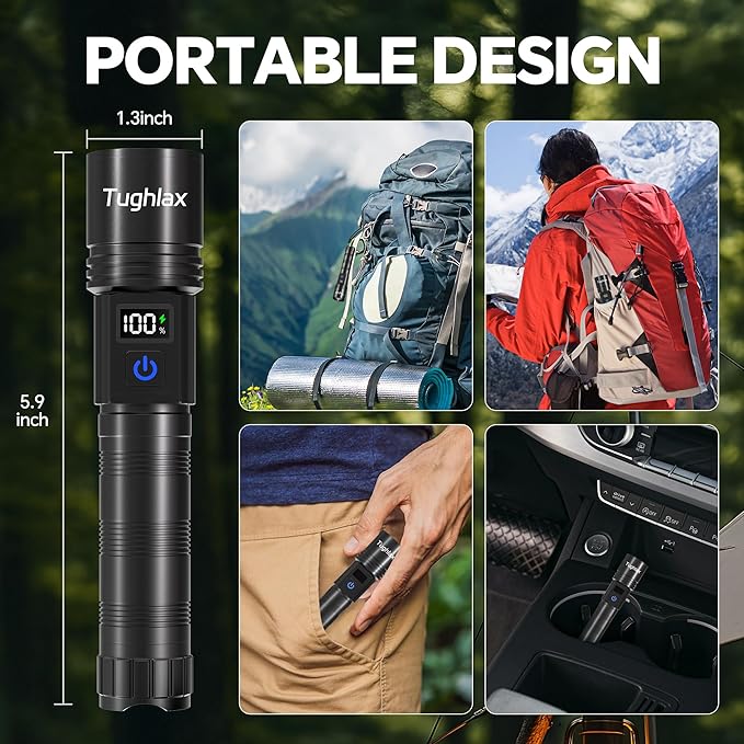 3Pack Rechargeable Flashlights High Lumens, Super Bright Flashlight with LCD Digital Display, 5Modes Adjustable LED Flashlight Tactical Flashlights High Powered, Flash Lights for Emergency