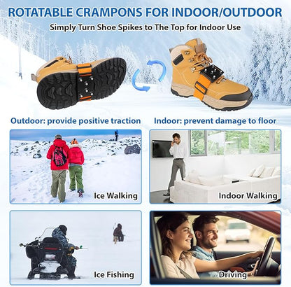 SYOURSELF Ice Cleats Crampons for Shoes and Boots, Rotatable Mid-Sole Traction Cleats Shoe Spikes for Snow and Ice, Non Slip Tungsten Spikes Ice Shoes Grippers for Men Women Winter Indoor/Outdoor