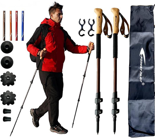 Trekking Poles - Lightweight 7075 Aluminum with Flip Lock & All Terrain Accessories - Pair of 2 Walking Sticks for Hiking with EVA or Beech Wood Grip