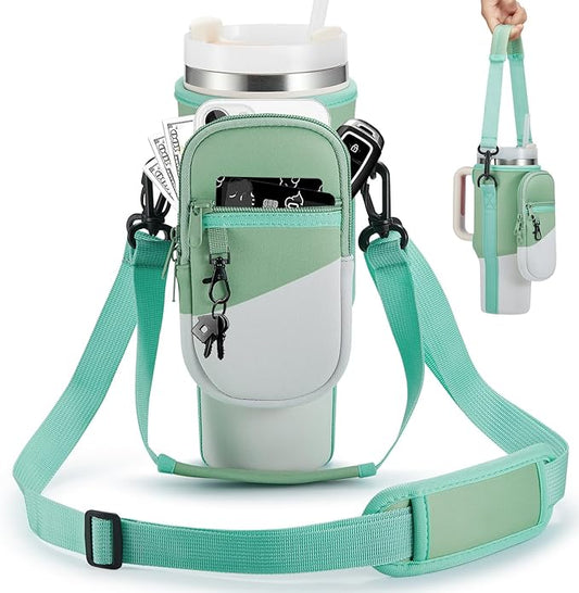 Water Bottle Carrier Bag with Phone Pocket for Stanley 40 & 30 oz Tumbler with Handle,Pink Insulated Neoprene Cup Holder Pouch w/Adjustable Strap for Quencher H2.0 Stanley Cup Accessories