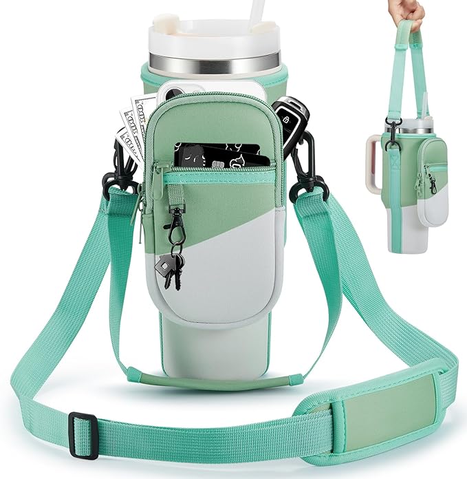 Water Bottle Carrier Bag with Phone Pocket for Stanley 40 & 30 oz Tumbler with Handle,Pink Insulated Neoprene Cup Holder Pouch w/Adjustable Strap for Quencher H2.0 Stanley Cup Accessories