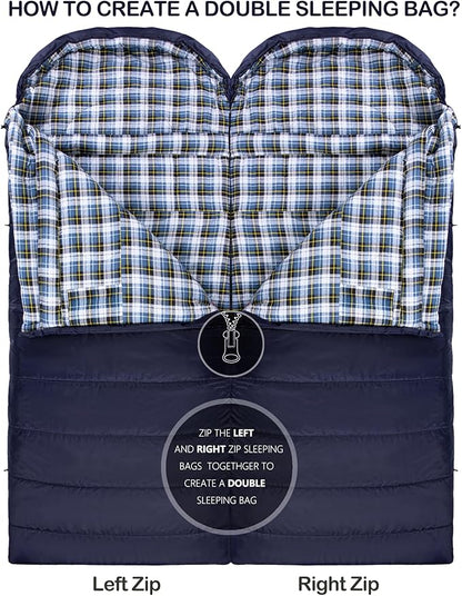 0 Degree Sleeping Bag 100% Cotton Flannel XXL for Adults Big and Tall Cold Weather Winter Zero Degree Camping,Free Compression Sack