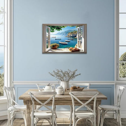 ANRUOXI Beach Wall Art, Window Frame Style Canvas Wall Decor Ocean, Blue Sea & Tropical Palm Tree Ocean Island Canvas, Paradise Scenery Nature Landscape Painting for Living Room Office Home 24x36 Inch