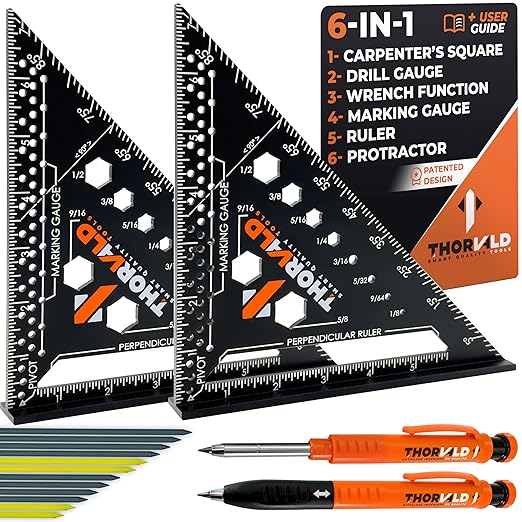 THORVALD 2 Carpenter Square 7 inch (1/16" Precision) + 2 Pencils + 12 Leads - T Square Multi-Purpose Carpenter Tools : Wrench, Protractor, Ruler, Marking Gauge, Drill Gauge, Carpentry Pencil