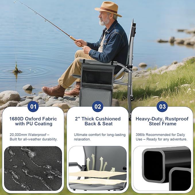 XL Heavy Duty Camping Chair 396lb Capacity (525lb MAX) - Waterproof 1680D Oxford - Oversized 2" Thick Padded Seat with Cup Holder & Cooler - Portable for Camping, Beach, Tailgating Desert Taupe