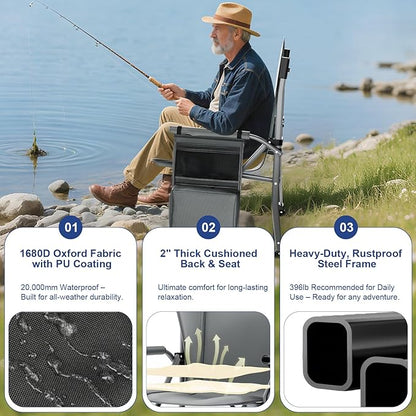 XL Heavy Duty Camping Chair 396lb Capacity (525lb MAX) - Waterproof 1680D Oxford - Oversized 2" Thick Padded Seat with Cup Holder & Cooler - Portable for Camping, Beach, Tailgating Desert Taupe