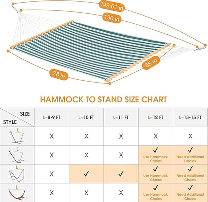 Lazy Daze Hammocks Quick Dry Hammock with Spreader Bar Textliene Fabric Double 2 Person Hammock with Chains Outdoor Patio Poolside Backyard Beach 450 lbs Capacity, Green Stripes