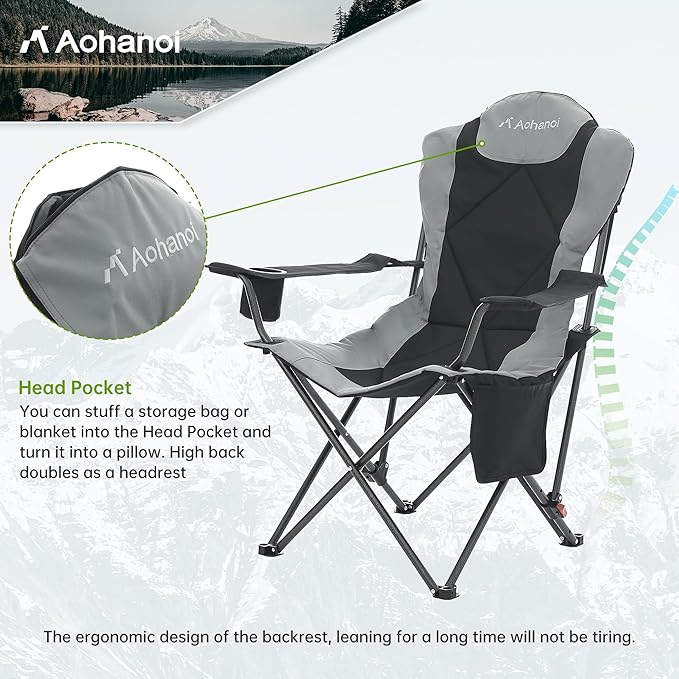Camping Chairs, Portable Camp Chairs for Heavy People with Adjustable Angled Backrest, Outdoor Folding Camping Chairs for Outside Supports up to 350lbs, Carry Bag Included