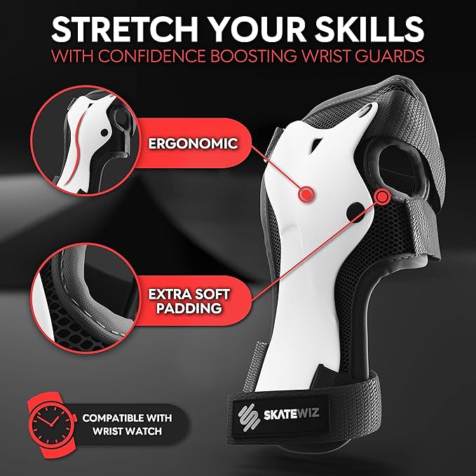 SKATEWIZ Skateboard Pads Protective Gear Set for Kids and Adults - Smash - Roller Skate Pads [6pc] with Wrist Guards - Skating Protective Gear - Roller Derby