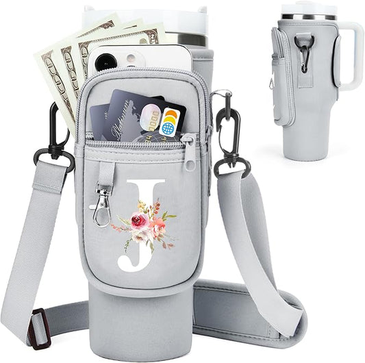 Initial Water Bottle Holder with Strap for Stanley 40 oz Tumbler/Simple Modern 40 oz Tumbler,Water Bottle Carrier Bag with Strap,Personalized A-Z Phone Pocket for Stanley Cup Accessories