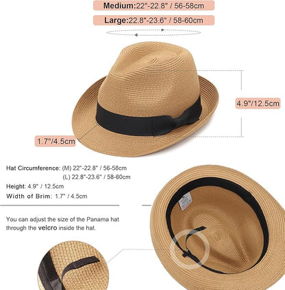 DRESHOW Women Straw Sun Hat Short Brim Panama Travel Fedora Beach Cap Roll up Summer Hat for Women Men UPF 50+