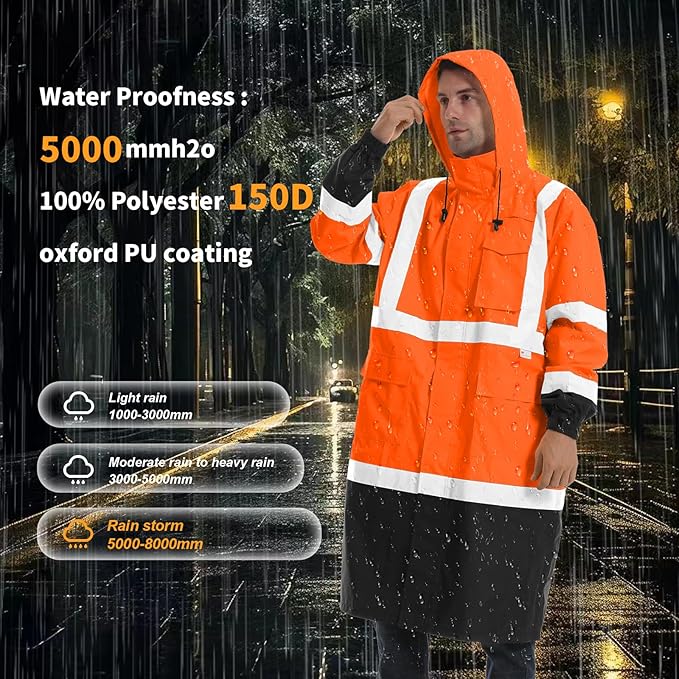 Hi Vis Rain Jacket with 3M Reflective Stripe,High Visibility Class 3 Rain coats,Safety Waterproof Rain Suits for Men with Hood and 2 Large Pockets construction work rain gear(Orange L)