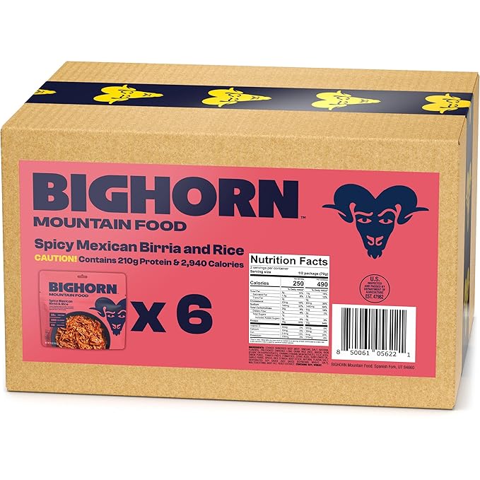 BIGHORN Mountain Food Spicy Mexican Birria and Rice - contains 6 packs | 12 servings | 210g Protein | 2,940 Calories - premium freeze dried meals for backpacking food - dehydrated camping food for backpacking meal - just add water - great taste
