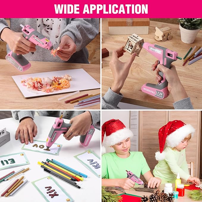 WORKPRO Cordless Hot Glue Gun, 30s Fast Preheating, 7.2V Dual-Temp Glue Gun Kit with 50pcs Glue Gun Sticks, Storage Bag, USB-C Charging Cord, 2600mAh Battery for DIY and Crafting