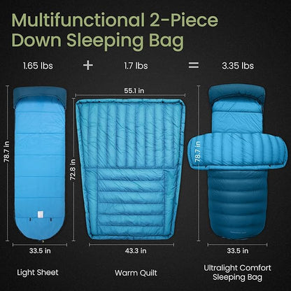 ATEPA Down Sleeping Bag, Recycled 650FP 4 Season Summer & Winter Compact Rectangle Lightweight Waterproof Wearable Sleeping Bag with Compression Sack for Camping Backpacking Hiking