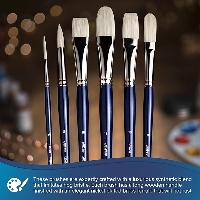Silver Brush Limited BR-1957S Bristlon Short Handle Angle Brushes with Stiff White Synthetic Tips, 4pc Premium Painting Bundle for Acrylic, Oil, Watercolor, & All Media, Sizes 3/8, 3/4, 1/2 & 5/8 Inch
