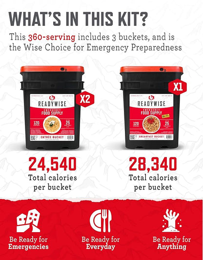 ReadyWise Emergency Food Supply - 360 Servings, 3 Buckets, Freeze Dried & Dehydrated Package of Long Term Meals, Survival Kit for Camping, Prepper Food Storage Supplies, up to 25 Year Shelf Life
