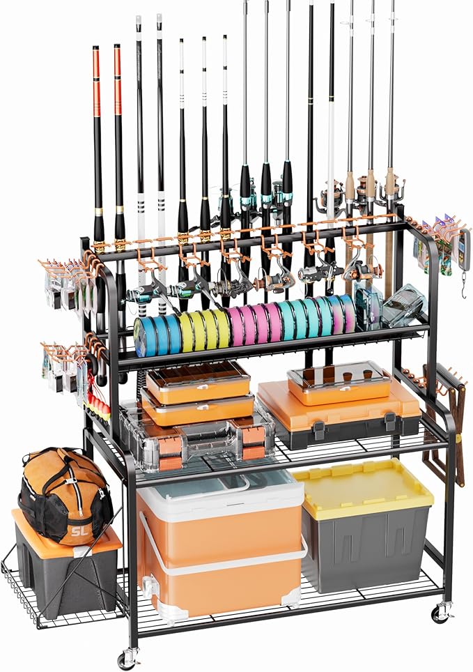 Fishing Rod Holder with 15-Pole Rack 3-Tier Fishing Cart for Fishing Accessories and Gear Storage, Perfect Fishing Pole Holders for Garage, Home or Shed, Ideal Fishing Gift for Men and savior
