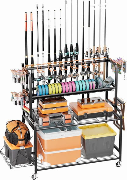 Fishing Rod Holder with 15-Pole Rack 3-Tier Fishing Cart for Fishing Accessories and Gear Storage, Perfect Fishing Pole Holders for Garage, Home or Shed, Ideal Fishing Gift for Men and savior