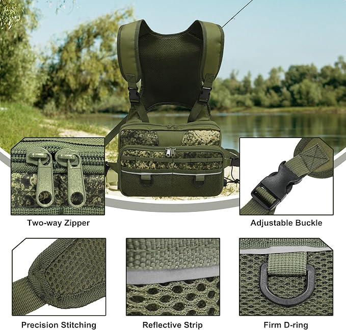 Fishing Chest Pack, Fly Fishing Bag for Men and Women, Tackle and Fly Boxes Storage Pack, Hunting Binocular Pack (Green)