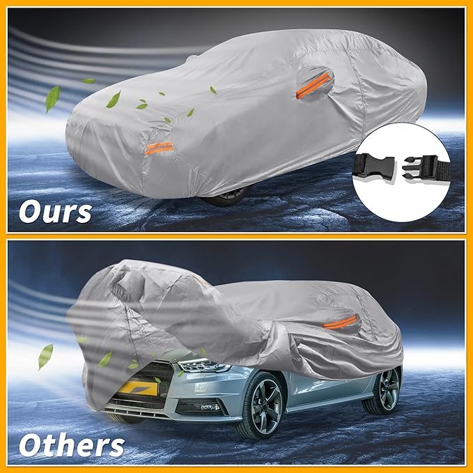 Universal Car Cover Waterproof All Weather 190T-PU, UV Sun Rain Protection, Fits for Sedan Length Up to 177", with Left Side Zipper, Silver Tone