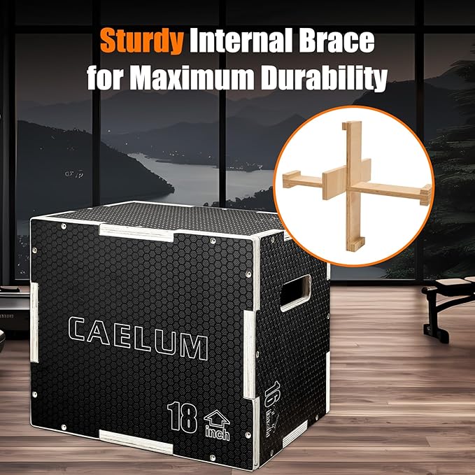 CAELUM 3-in-1 Wood Plyo Box - Non-Slip Plyometric Jump Box for Home & Gym, 400lbs Bearing Fitness Launch Box for Jumping Squats Step-ups Strength Training