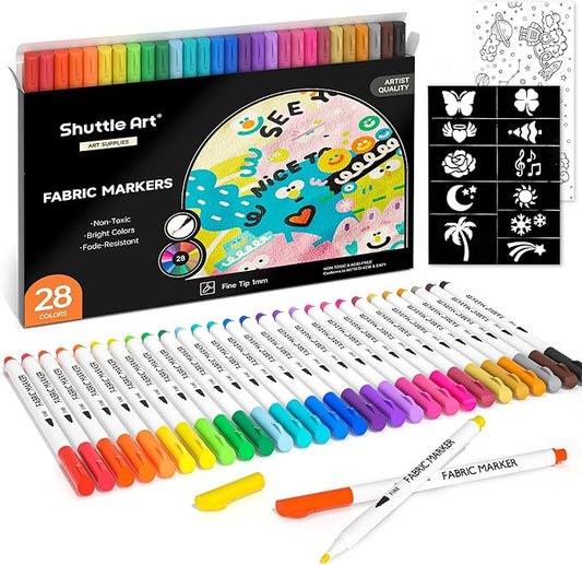 Shuttle Art 28 Colors Fabric Markers, Shirt Permanent Markers for Clothes Sneakers Jeans with 11 Stencils 1 Fabric Sheet, Fabric Pens for Kids Adult Painting Writing