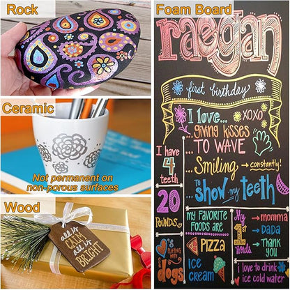 Sunshilor Metallic Markers Fine Point Metallic Marker Pens for Black Paper, Rock Painting, Easter Egg, Halloween Pumpkin, Card Making, Metal, Ceramic, Wine Glass, Set of 12