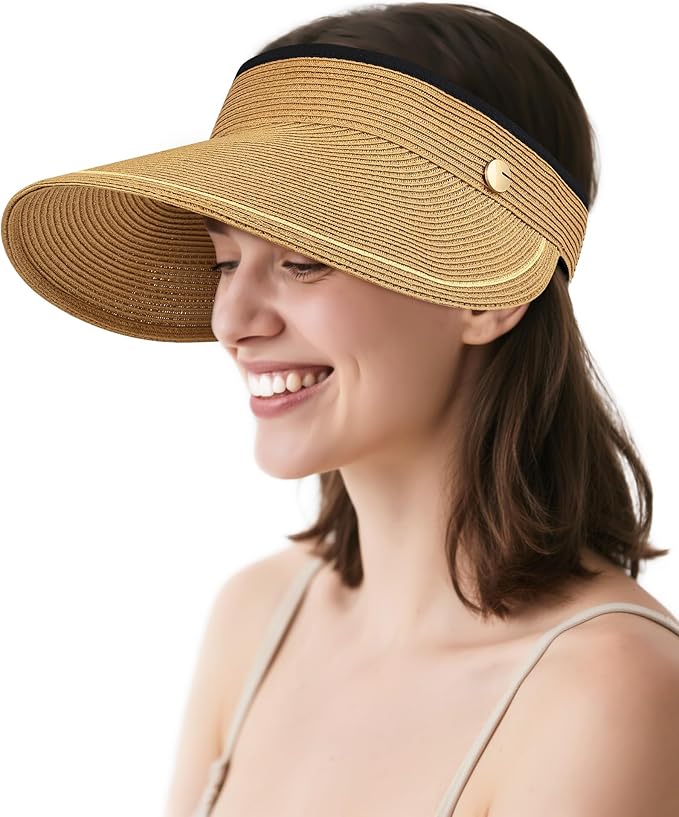 Sun Visor Hat for Women,Wide Brim Beach Hat UV Protection, Packable Straw Sun Visor Hat for Vacation,Summer