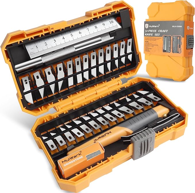 MulWark 32-Piece Precision Hobby Knife Set - Exacto Knife Set For Modeling - Craft Knife Handle Customized With Chiseling, Stencil Edge And Fine Point Blades With Sharpening Stone And Steel Ruler