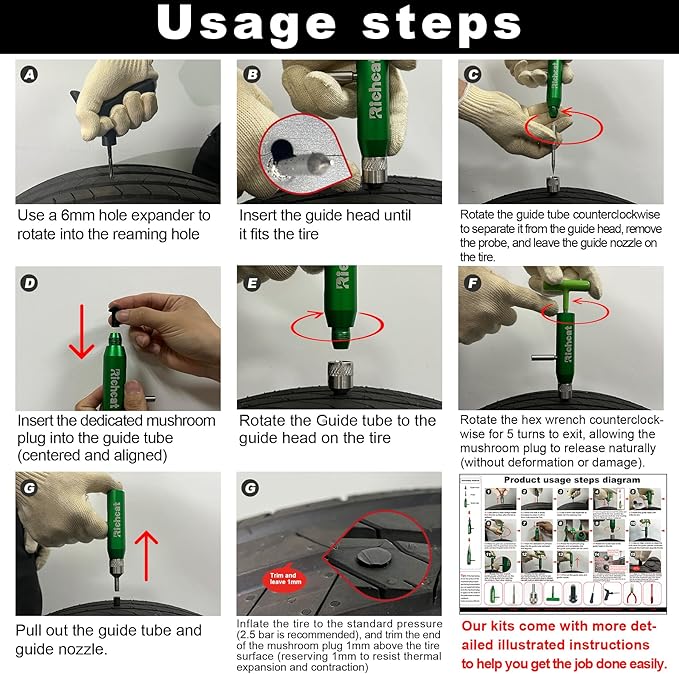 Richcat Tubeless Tire Puncture Repair Kit with Mushroom Plug, Repairs punctures and Flat Tires for Motorcycles, Cars, Trucks, ATVs and Tractors