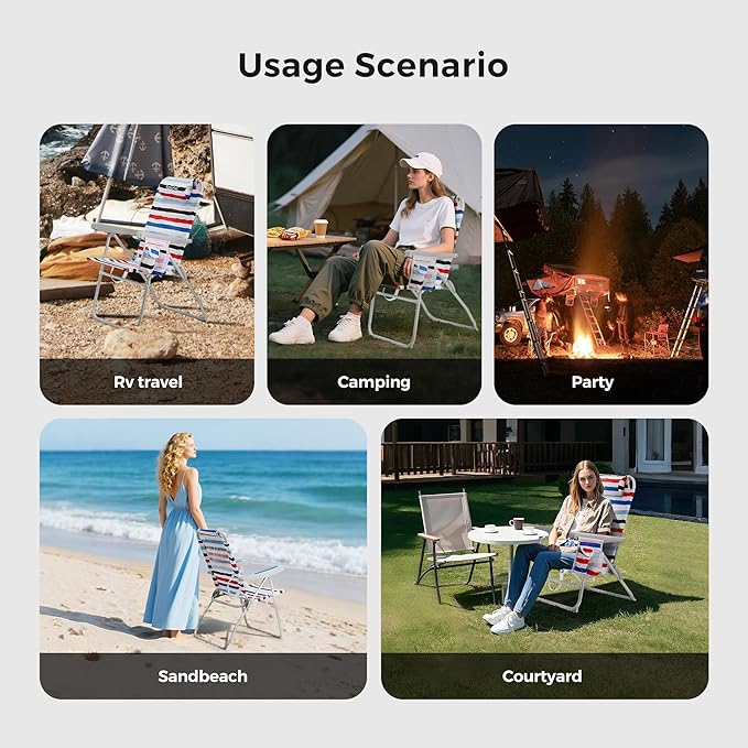 SUNNYFEEL Portable Beach Chair, Folding Low Back Beach Chair, Lightweight Camp Chair with Reclining Position, Backpack Lounger for Beach, Camping, Lawn, Outdoor, Red Blue White Striped