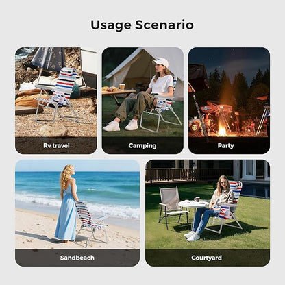 SUNNYFEEL Portable Beach Chair, Folding Low Back Beach Chair, Lightweight Camp Chair with Reclining Position, Backpack Lounger for Beach, Camping, Lawn, Outdoor, Red Blue White Striped