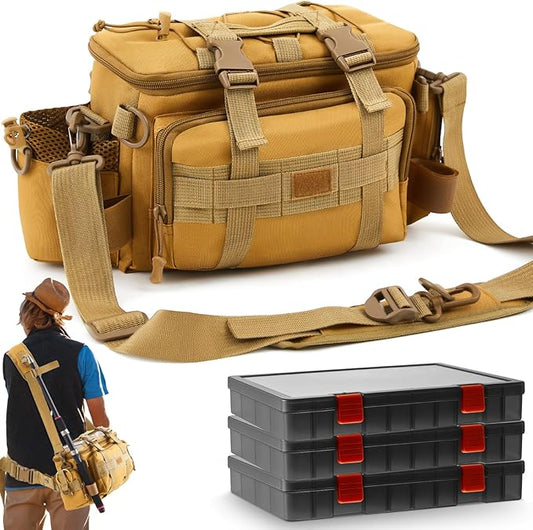 Fishing Tackle Bag with 3 Adjustable Tackle Trays Boxes Saltwater Freshwater Fishing Gear Lures Storage Bag Outdoor Pack Organizer, Padded Shoulder Strap