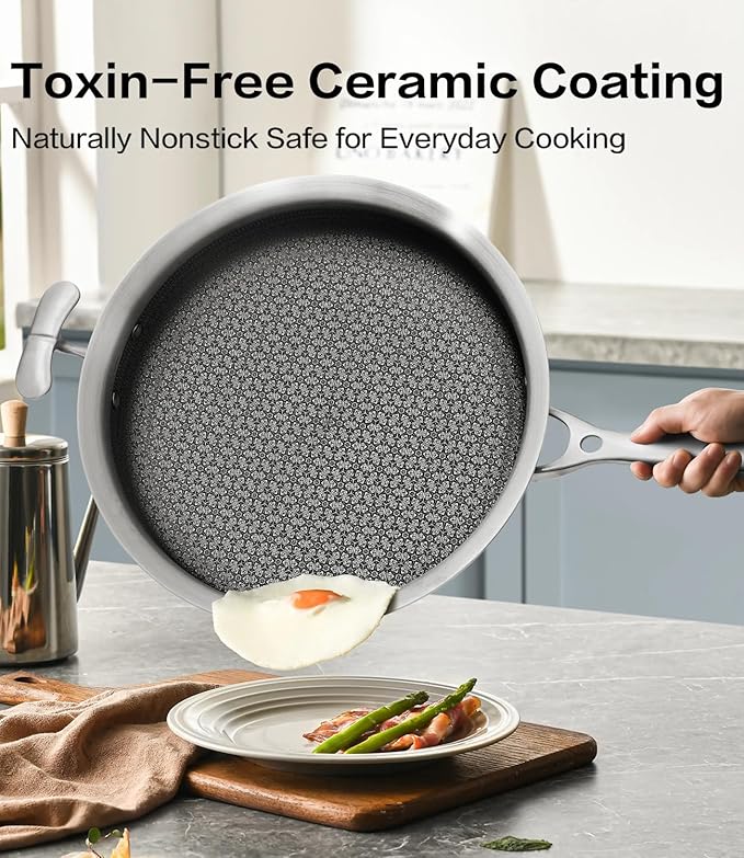 5-Ply Stainless Steel Cookware Set 6 Pcs, Non Stick Pots and Pans Set with Steam-Return Lids, Induction & Oven Safe, Non Toxic, PFOA PTFE PFOS Free, Professional Chef Quality Cookware