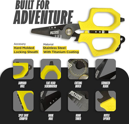 Beyond Fishing 6.5" Pro Fishing Shears Dual Serrated Blades, Fishing Braided Line Scissors with Titanium Coating, Non-Slip Grip & Multifunction Tool, Includes Hard Molded Locking Sheath