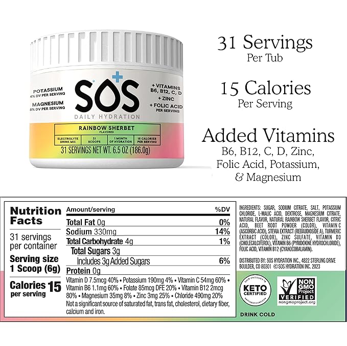 SOS Hydration Electrolyte Powder Drink Mix | 31 Servings | Low Sugar | 15 Calorie | Keto-Friendly & Rapid Rehydration | Rainbow Sherbert