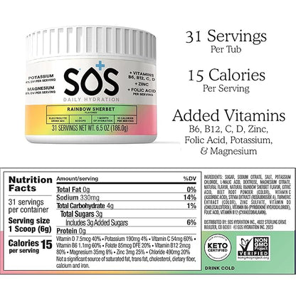 SOS Hydration Electrolyte Powder Drink Mix | 31 Servings | Low Sugar | 15 Calorie | Keto-Friendly & Rapid Rehydration | Rainbow Sherbert