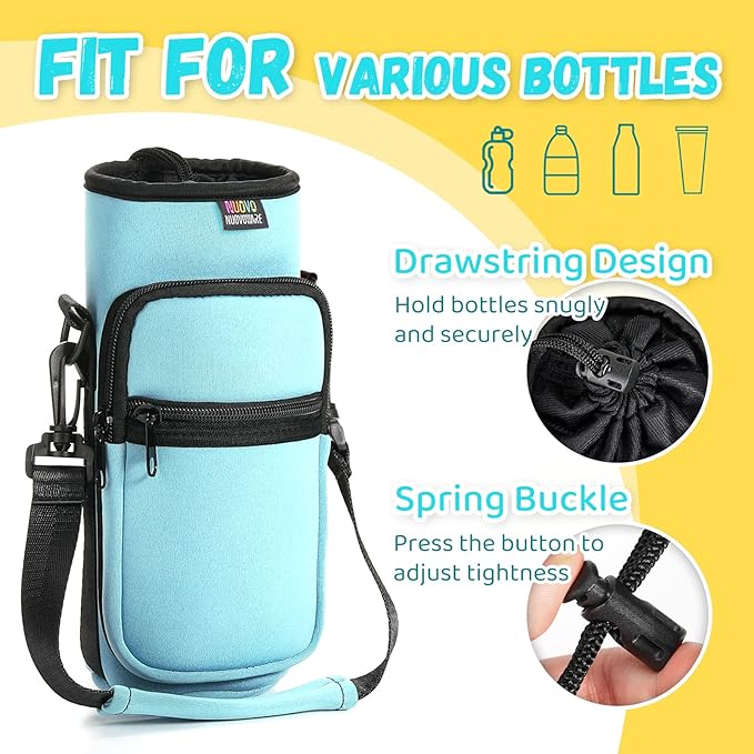 Nuovoware Water Bottle Carrier Bag,25oz/40oz/64oz Bottle Pouch Holder,Adjustable Shoulder Hand Strap 2 Pocket Sling Neoprene Sleeve Sports Accessories for Hiking Travelling Camping